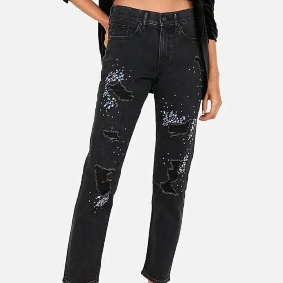 High Rise Black Embellished Ripped Ankle Jeans Size 10 Express NWT $128 - Picture 13 of 13